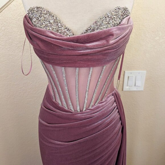 Dusty Rose Sequin Velvet Strapless Sweetheart Corset Prom Formal Evening Dress 2 - Picture 5 of 5